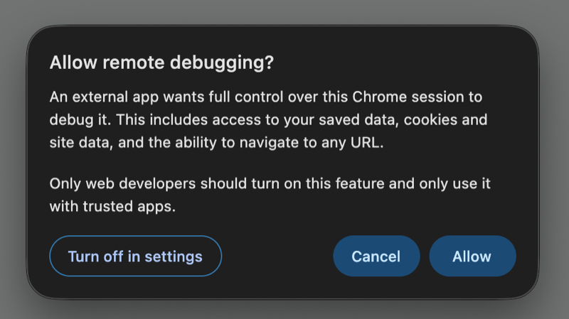 Chrome allow remote debugging dialog