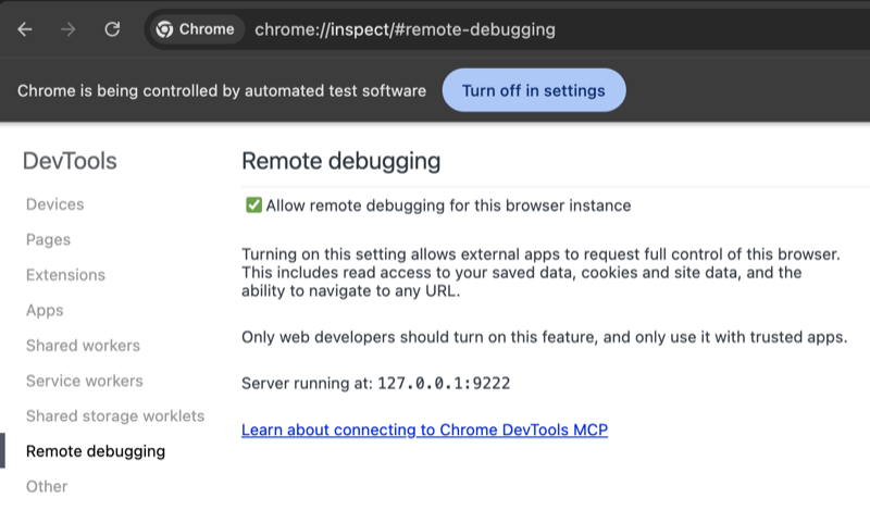Chrome remote debugging settings page