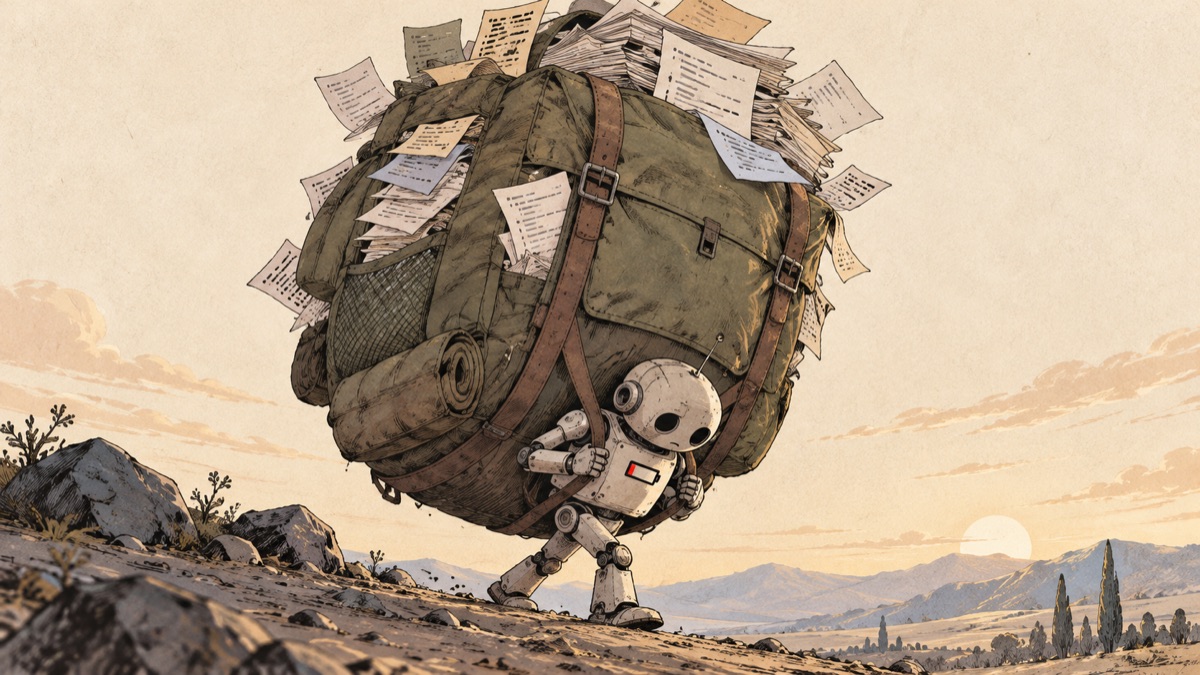 A small robot carries an enormous backpack overflowing with code and documents.