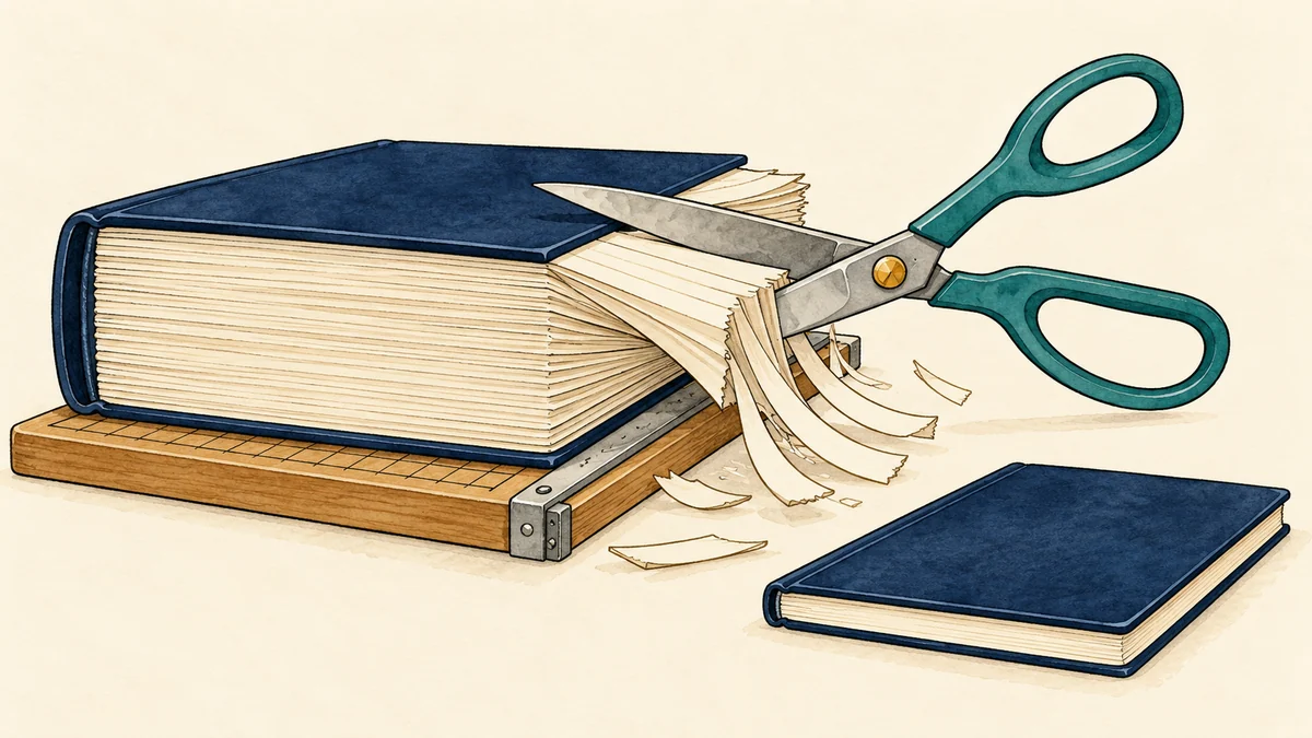 Scissors trim a thick navy instruction book beside a slim personal handbook.