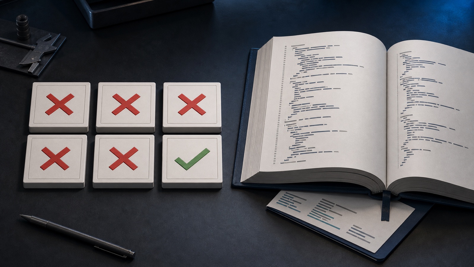 Six score tiles on a dark desk, five with red X marks and one with a green check, beside an open source-code manual.