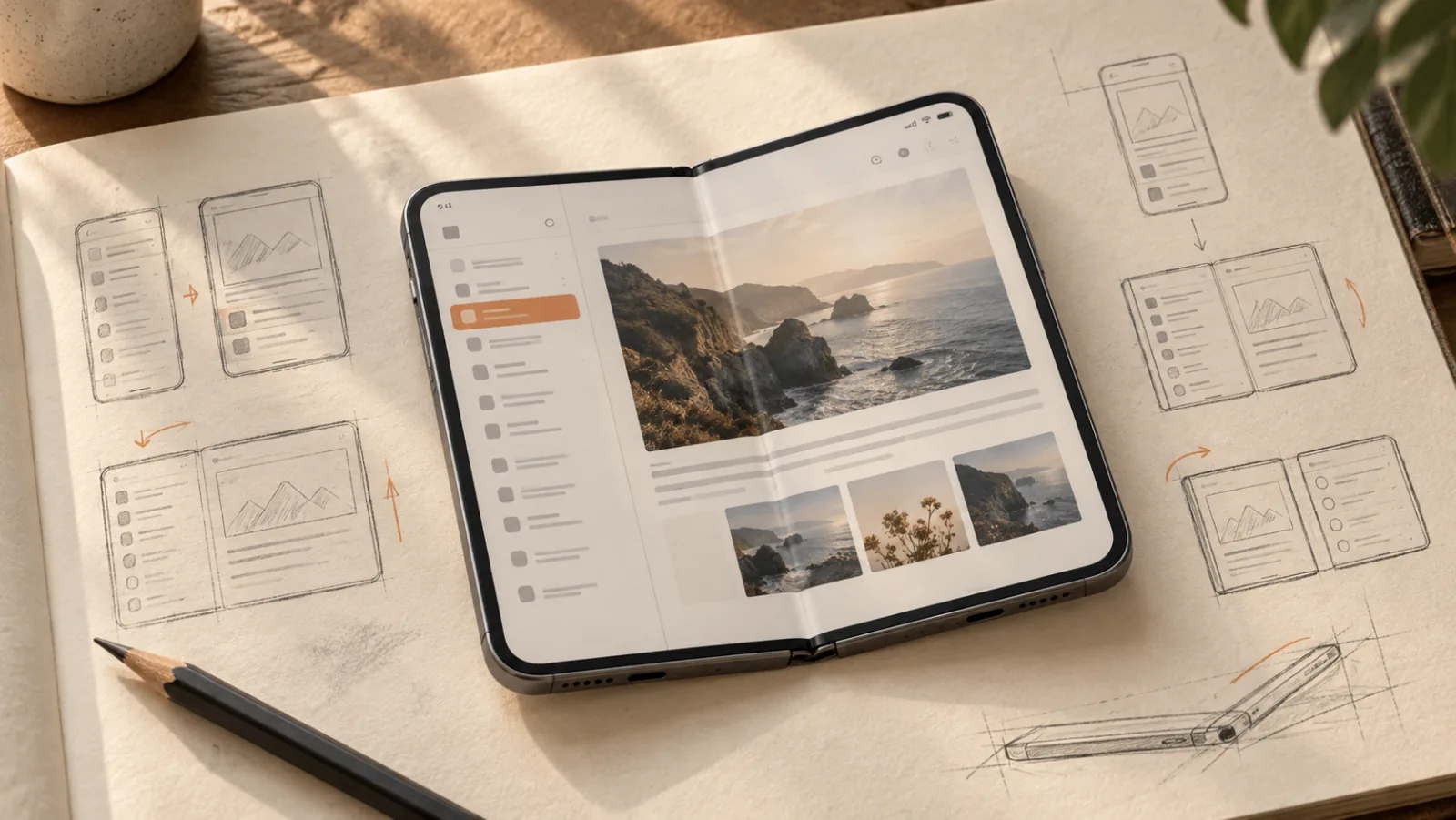 A conceptual iPhone Duo on a sketchbook, surrounded by pencil studies of compact and expanded app layouts.
