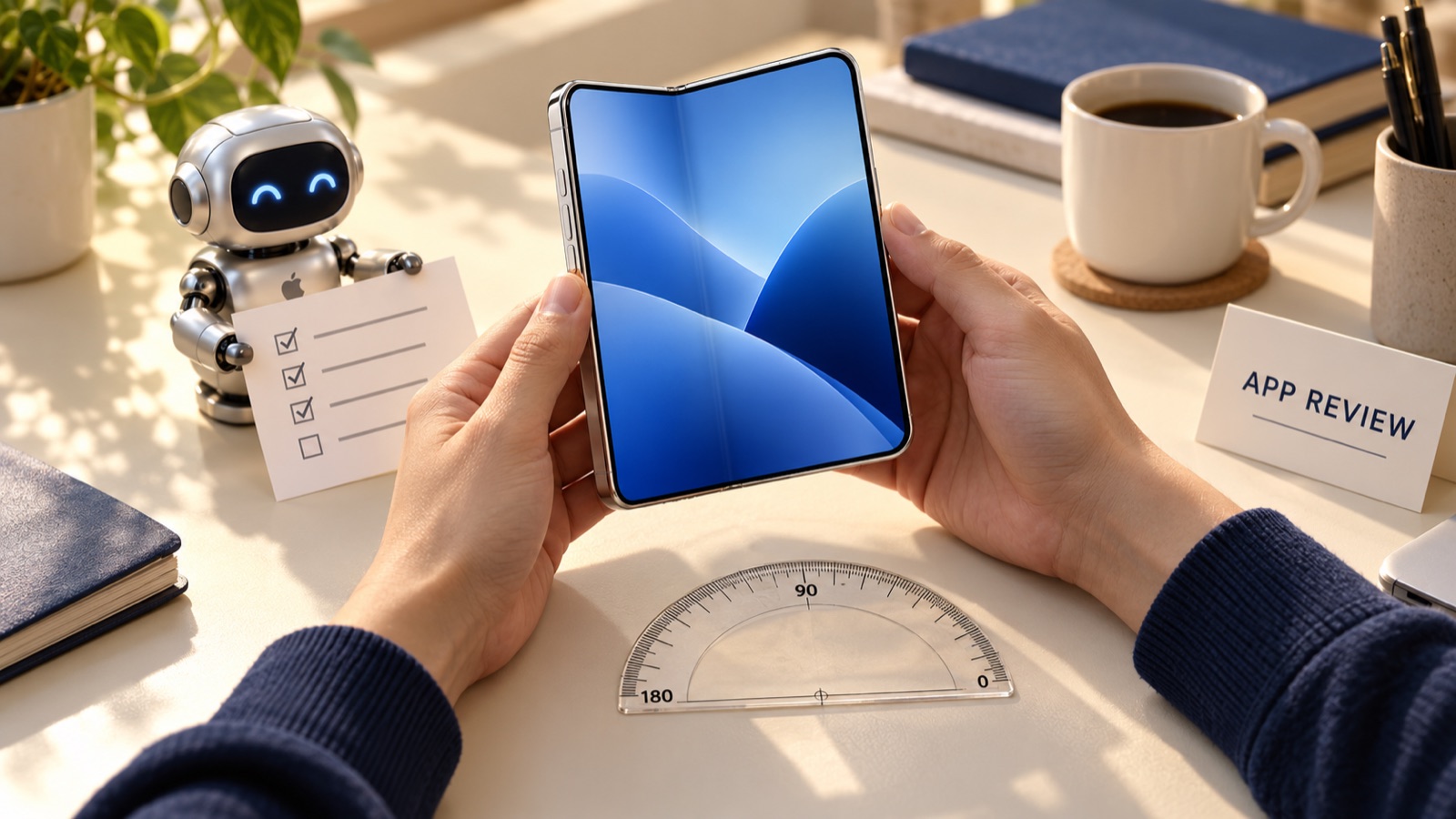 An App Store reviewer holding a folding iPhone, with an AI robot carrying a checklist and a semicircular protractor on the desk.