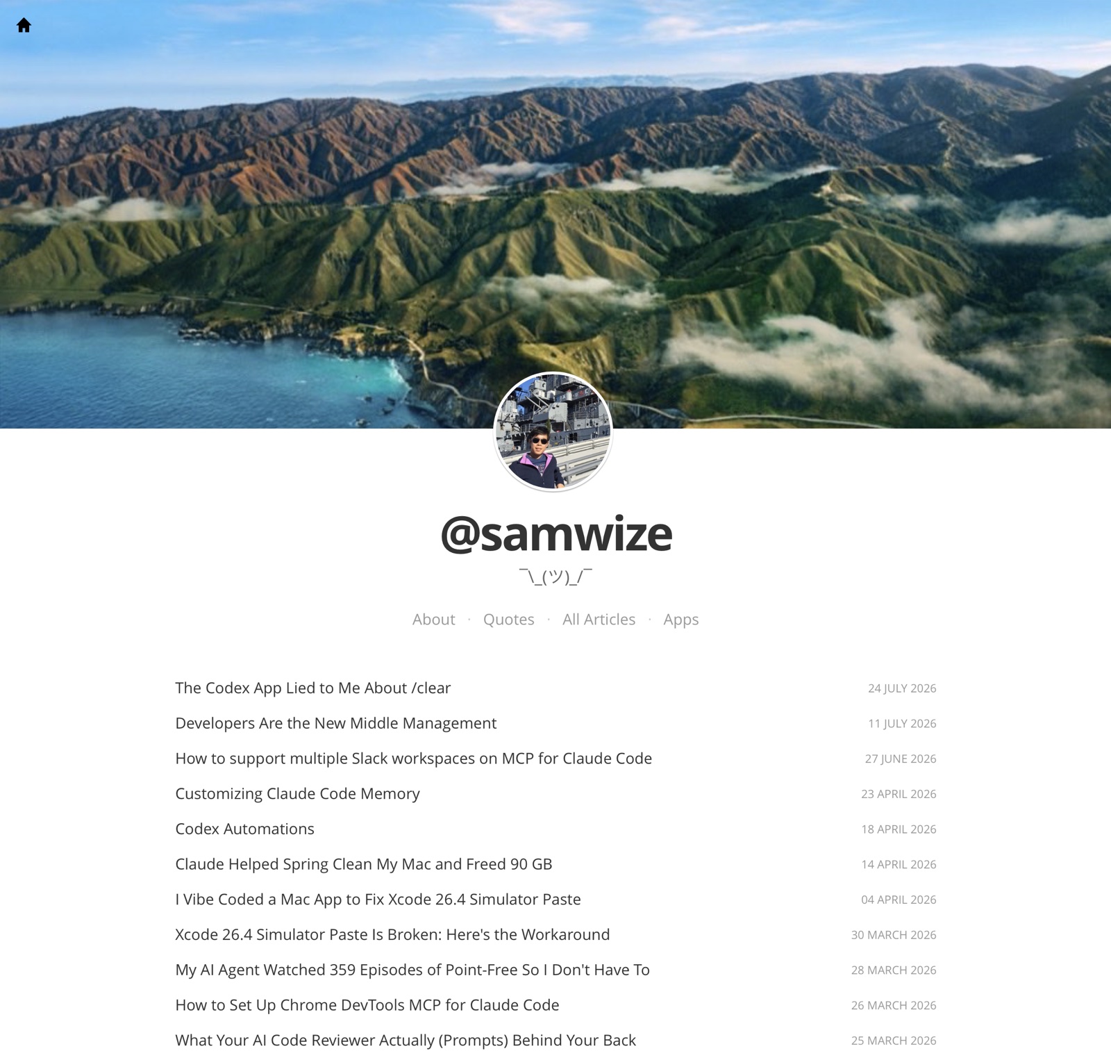 Samwize before the 2026 redesign, using the Mediator theme with a mountain banner, profile photo, large @samwize title, and a simple article list.